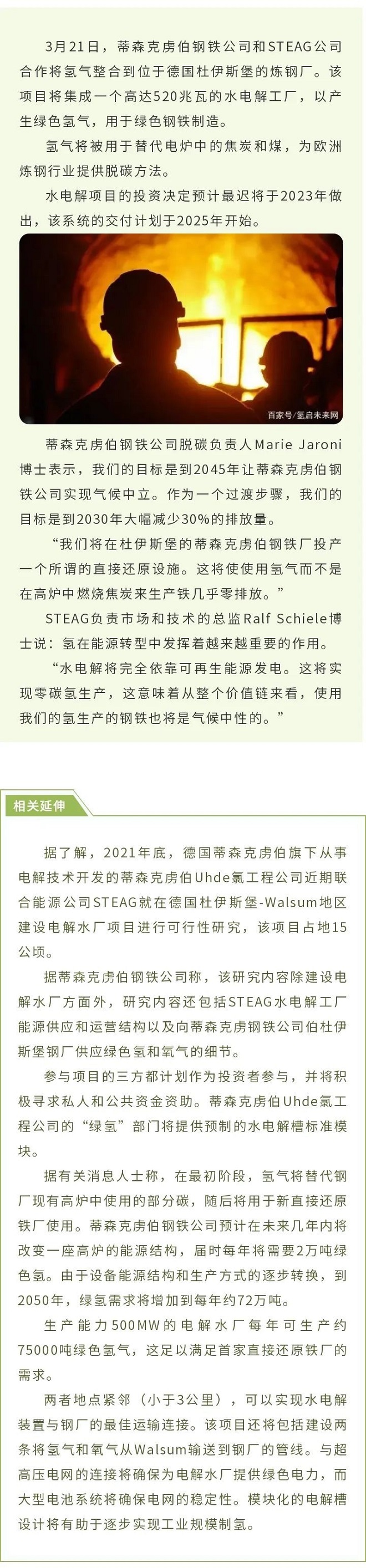 蒂森克虏伯钢铁公司携手STEAG制氢，计划2025年开始交付
